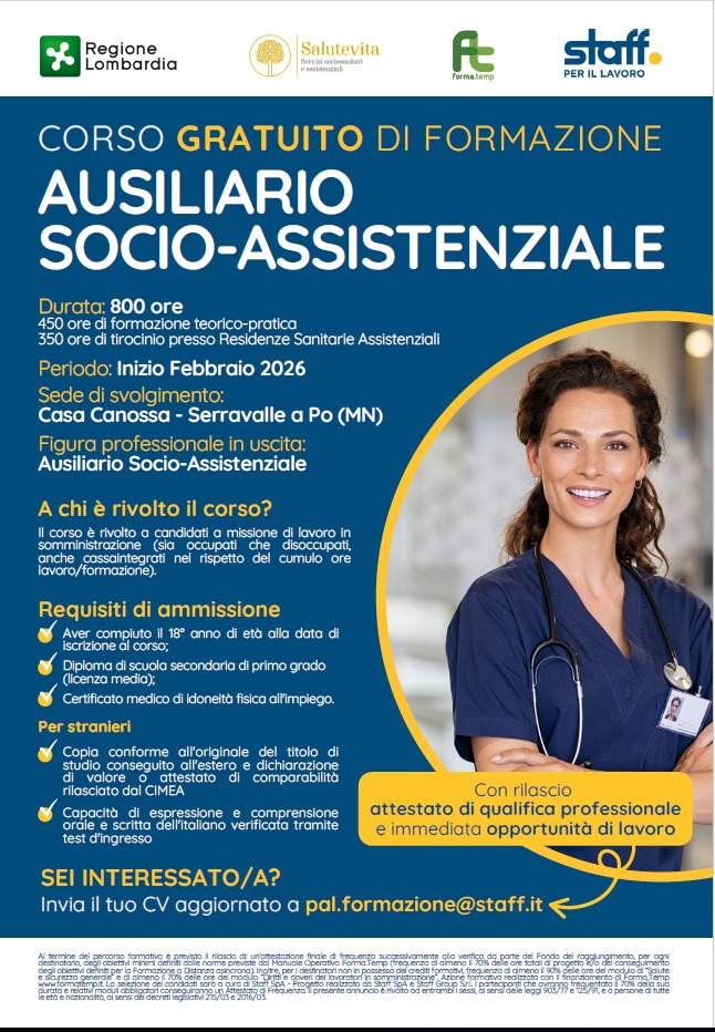 CORSO GRATUITO DI AUSIALIRIO SOCIO ASSISTENZIALE PRESSO LA SEDE DI CASA CANOSSA IN SERRAVALLE A PO