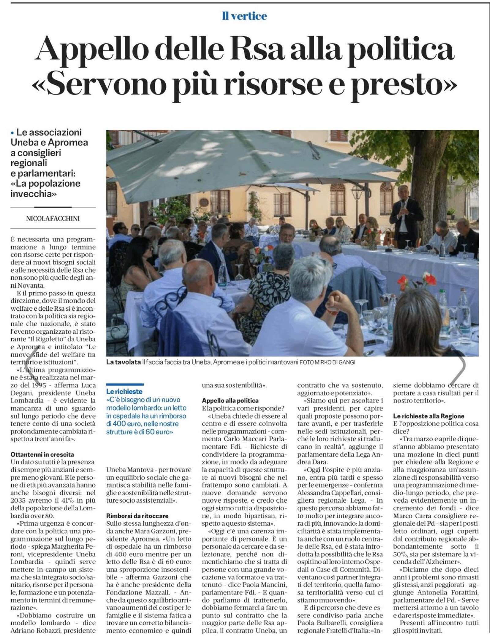 “Appello delle RSA alla politica: servono più risorse e presto” Gazzetta di Mantova 8 settembre 2026